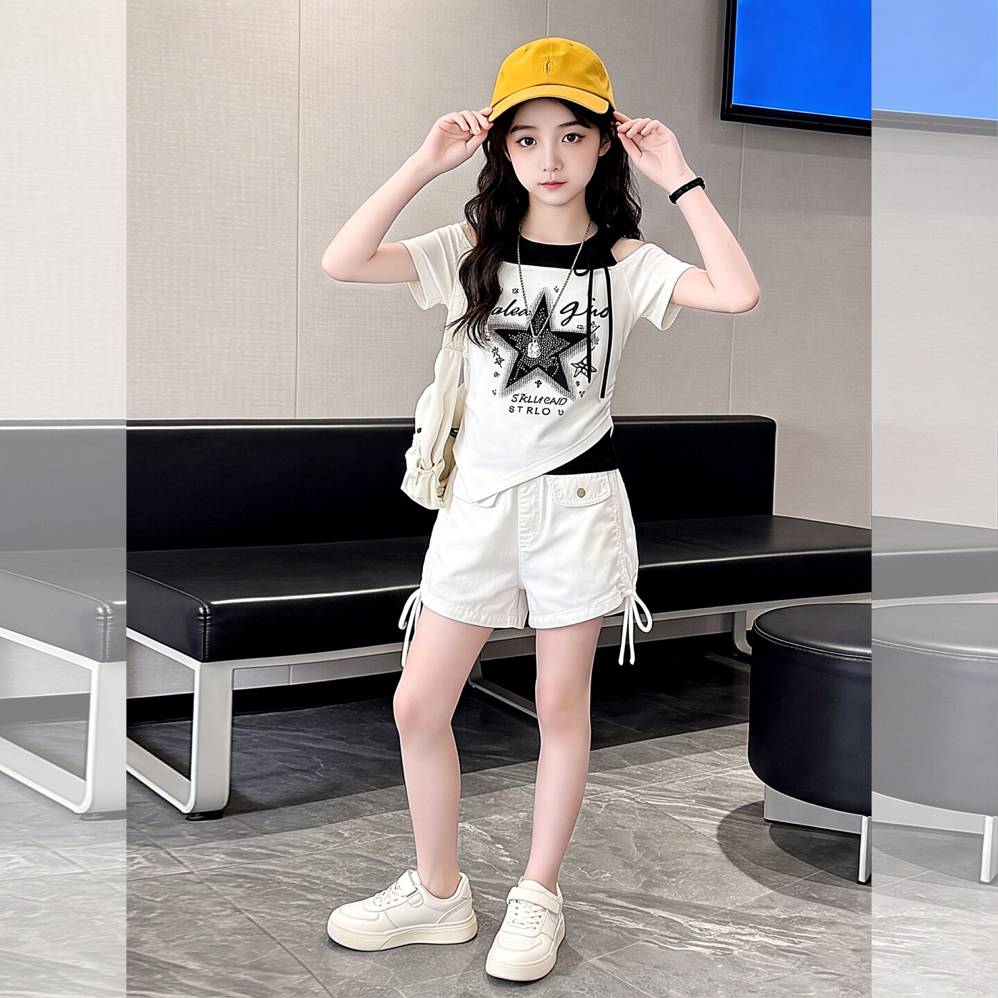 女童短袖短裤套装夏季新款辣妹斜