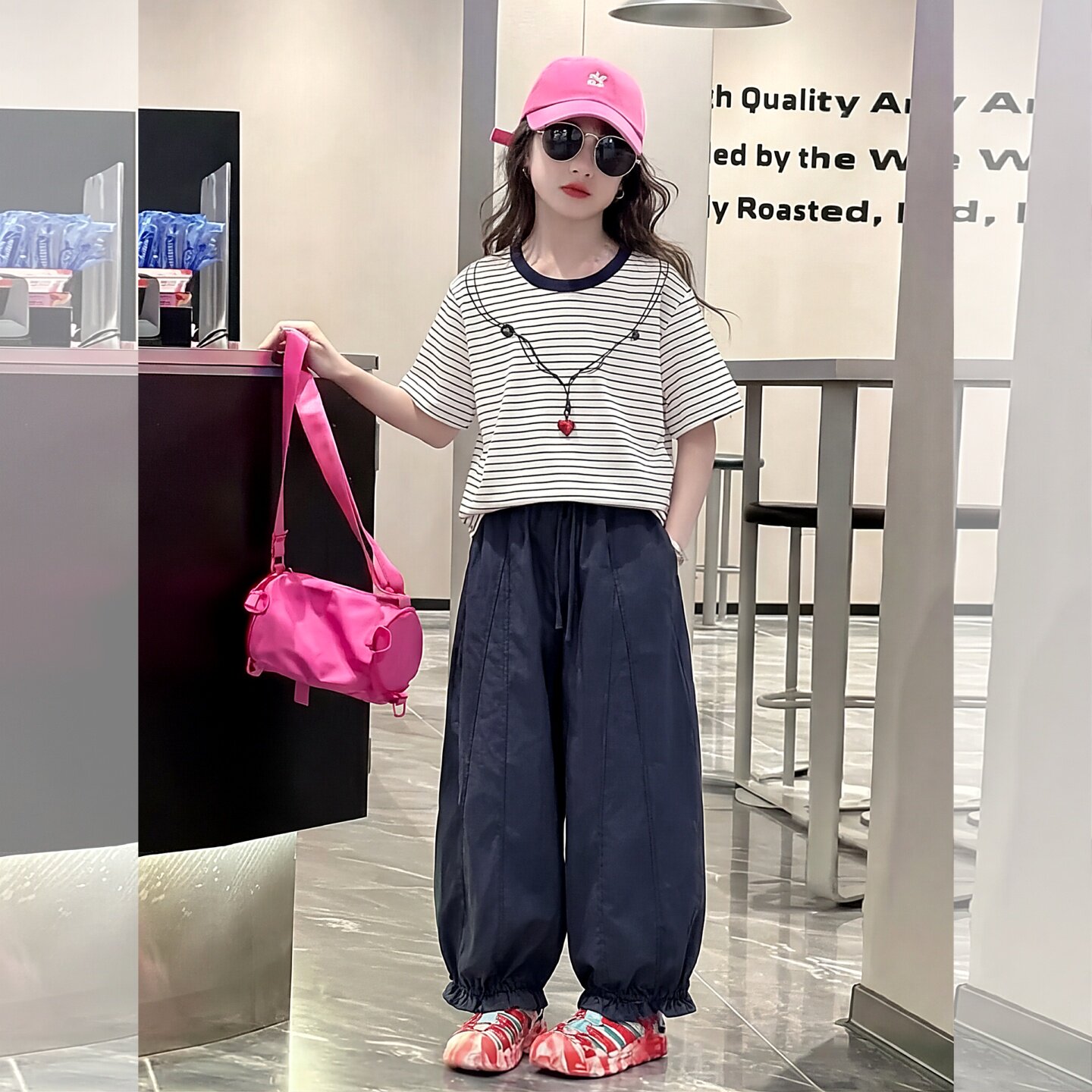女童夏套装2026新款夏季巨好看韩系穿搭儿童条纹短袖t恤花苞裤潮9
