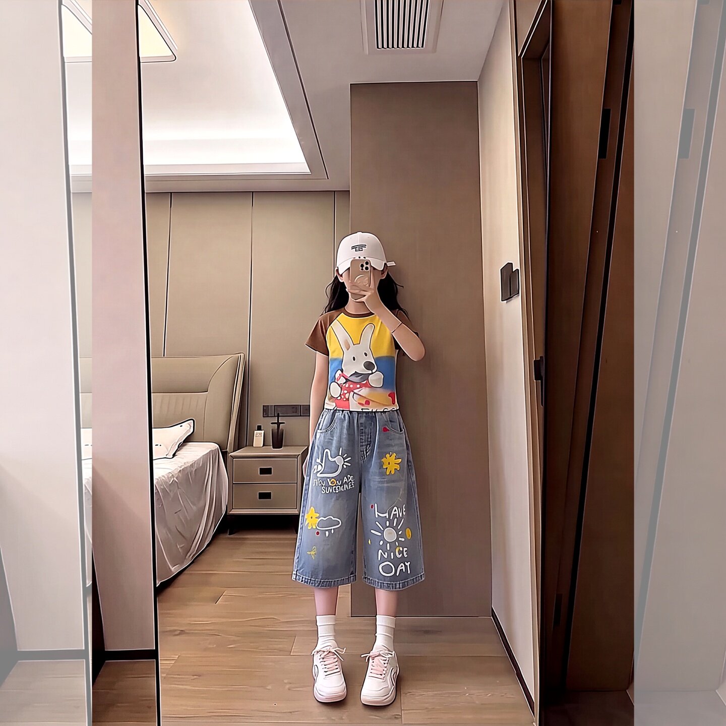 女童夏季薄款涂鸦牛仔中裤套装26
