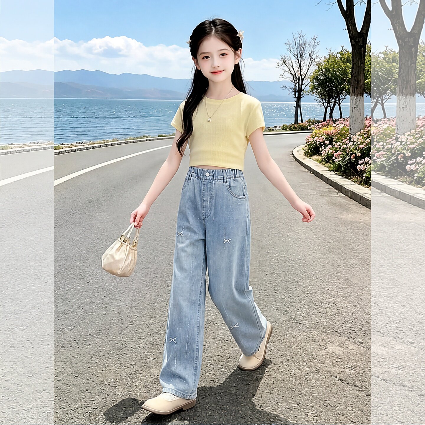 女童裤子夏季2026新款洋气儿童浅色牛仔裤薄大童好看烫钻直筒长裤