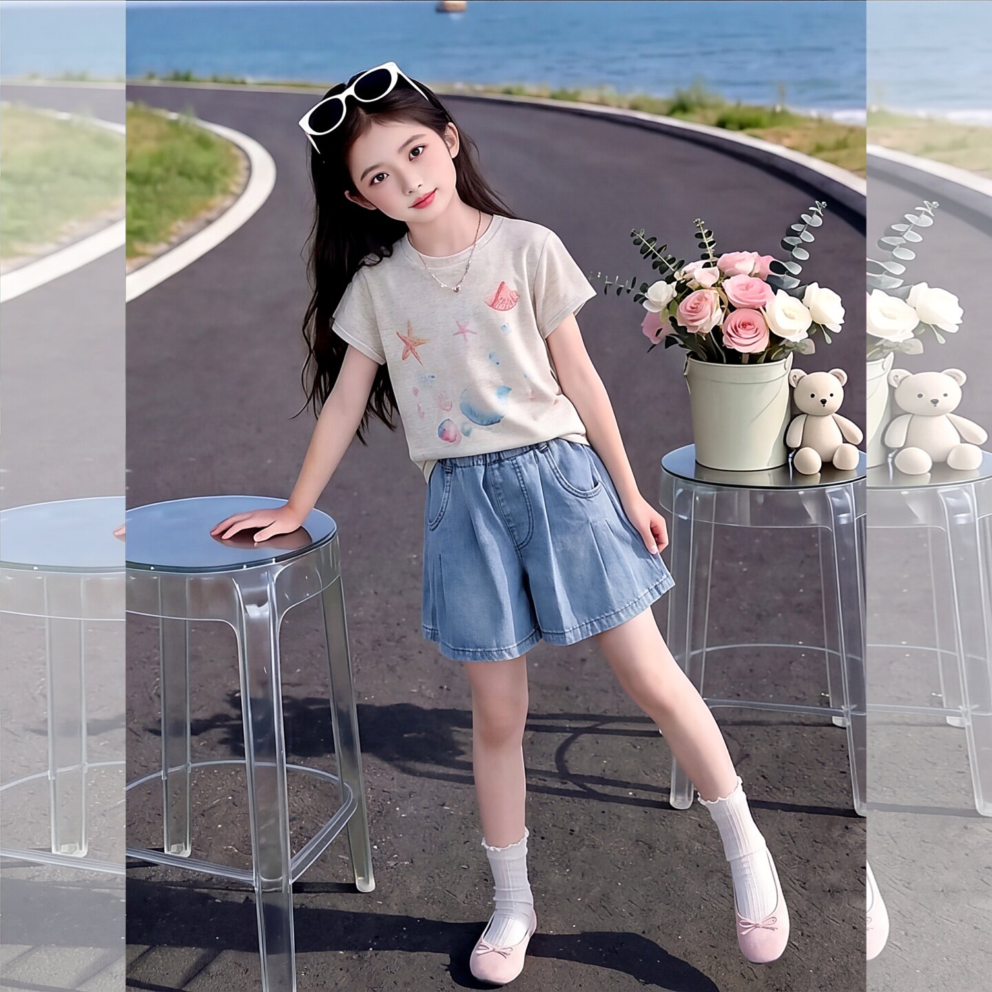 女童套装2026夏季新款时尚海洋印