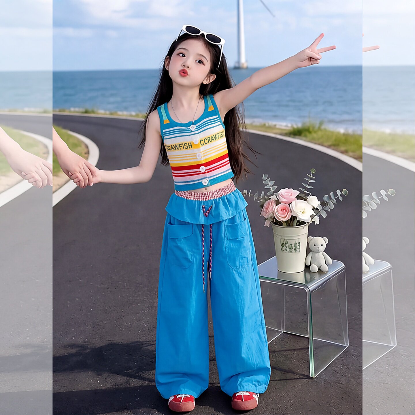 女童夏装套装多巴胺风条纹无袖女