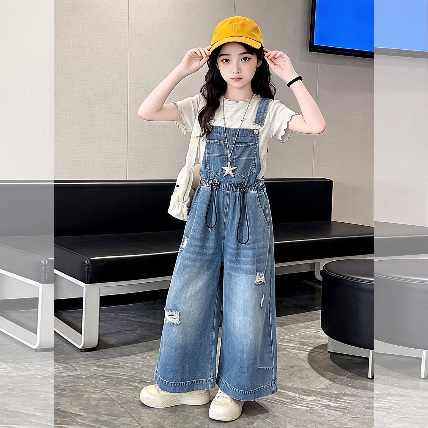 韩版牛仔背带裤套装女童2026新款