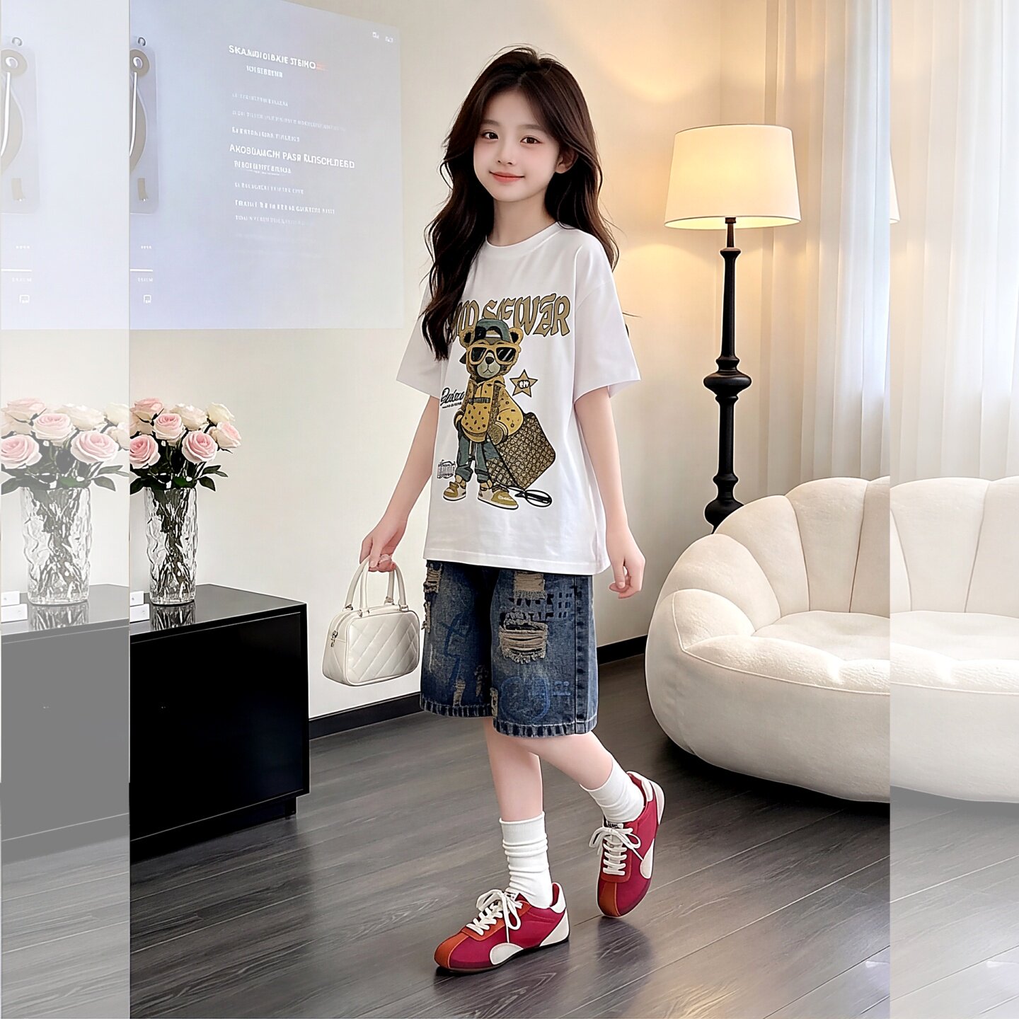 女童夏季卡通印花T恤牛仔短裤女9
