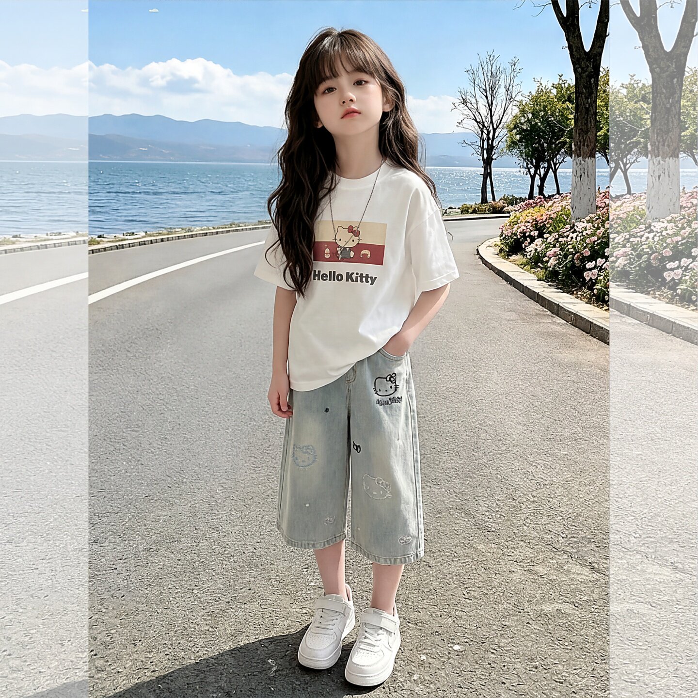 女童KT猫刺绣七分裤2026新品