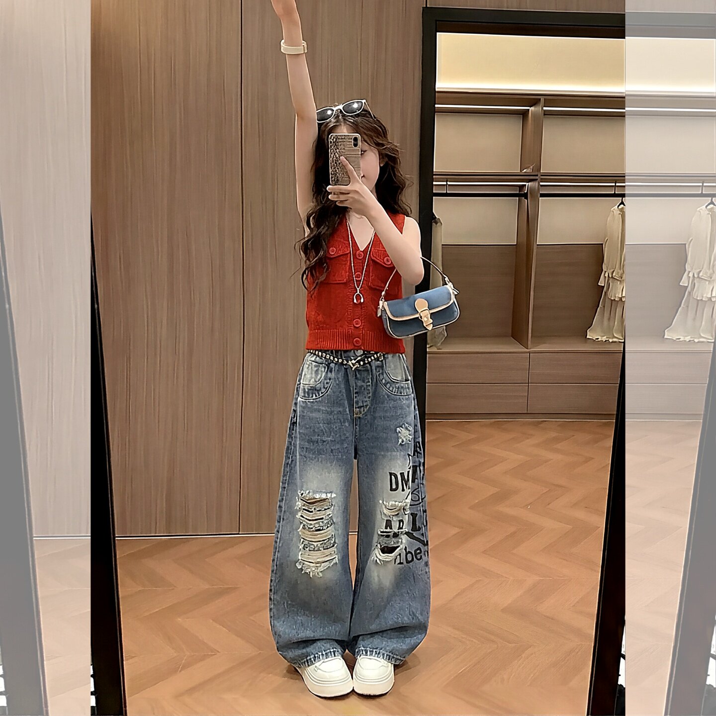 女童美式印花破洞牛仔裤套装夏季