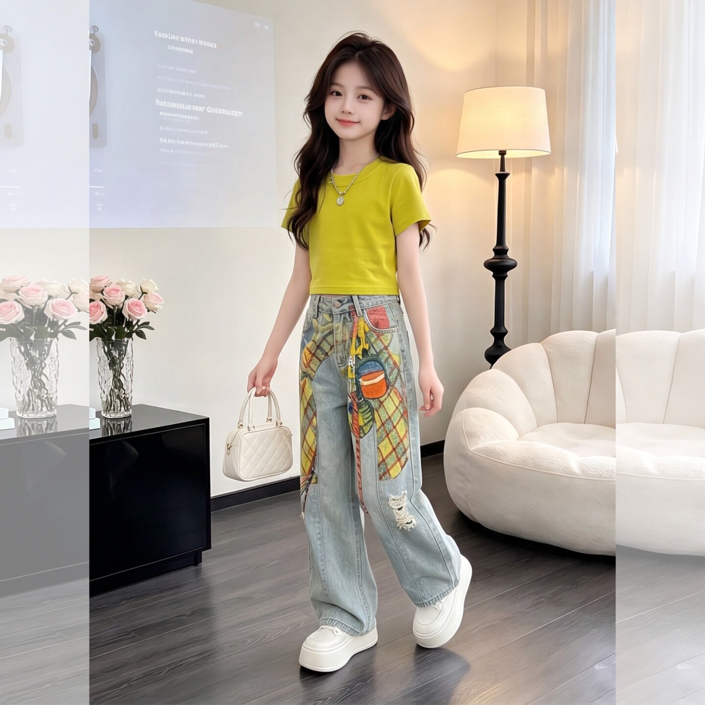 女童夏款冰丝短袖阔腿牛仔裤套装