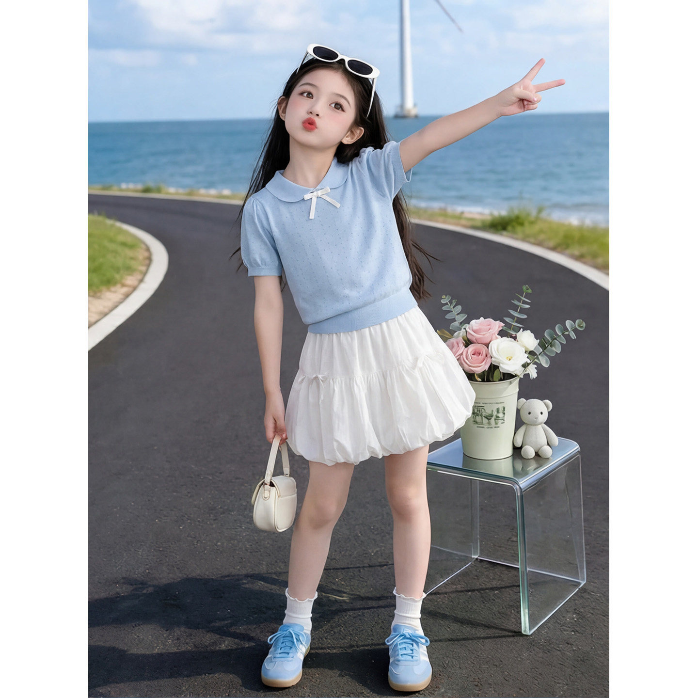 儿童夏装套装女童洋气裙子2026新款女孩夏季巨好看花苞裙短袖T恤
