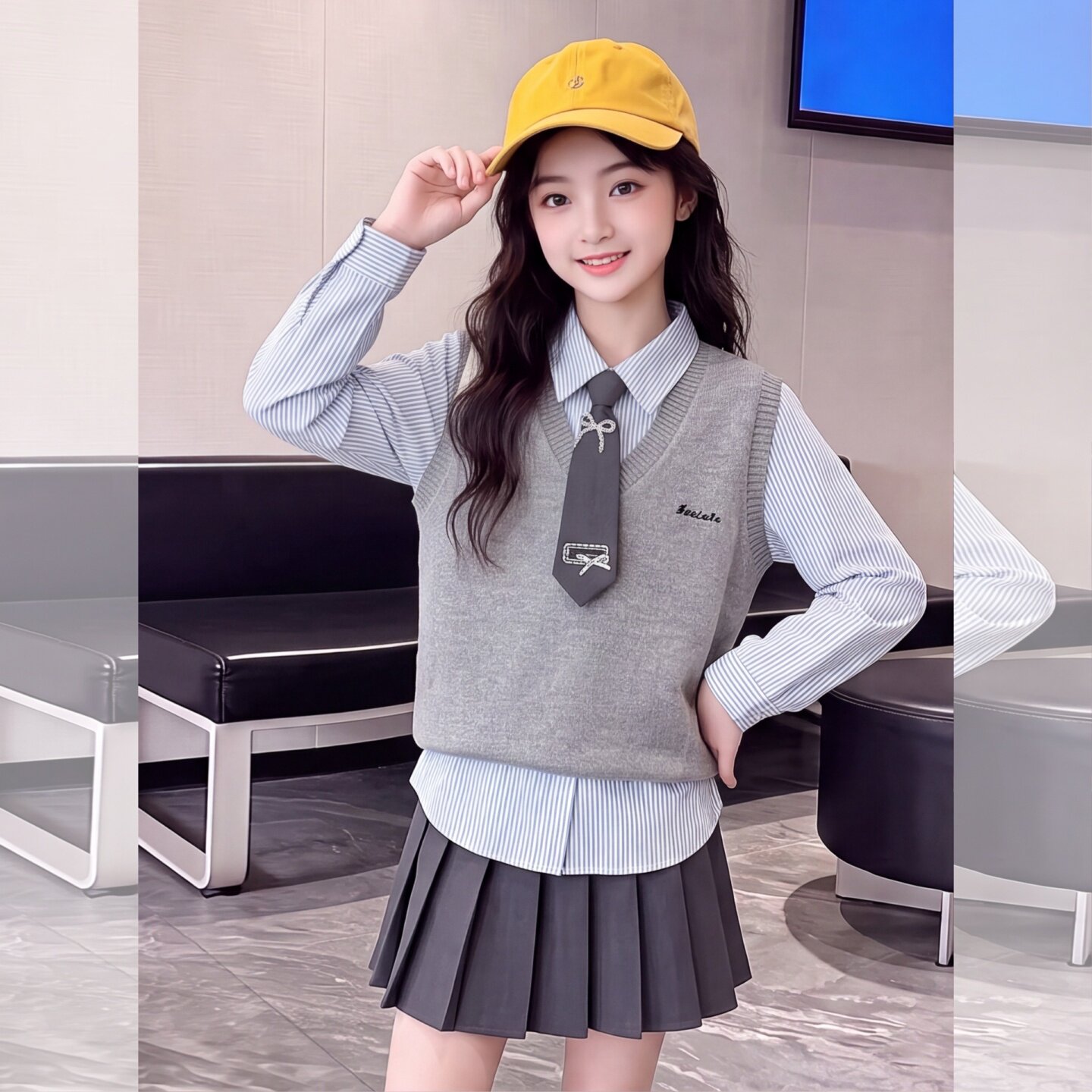 女童韩系马甲衬衫百褶裙JK服套装