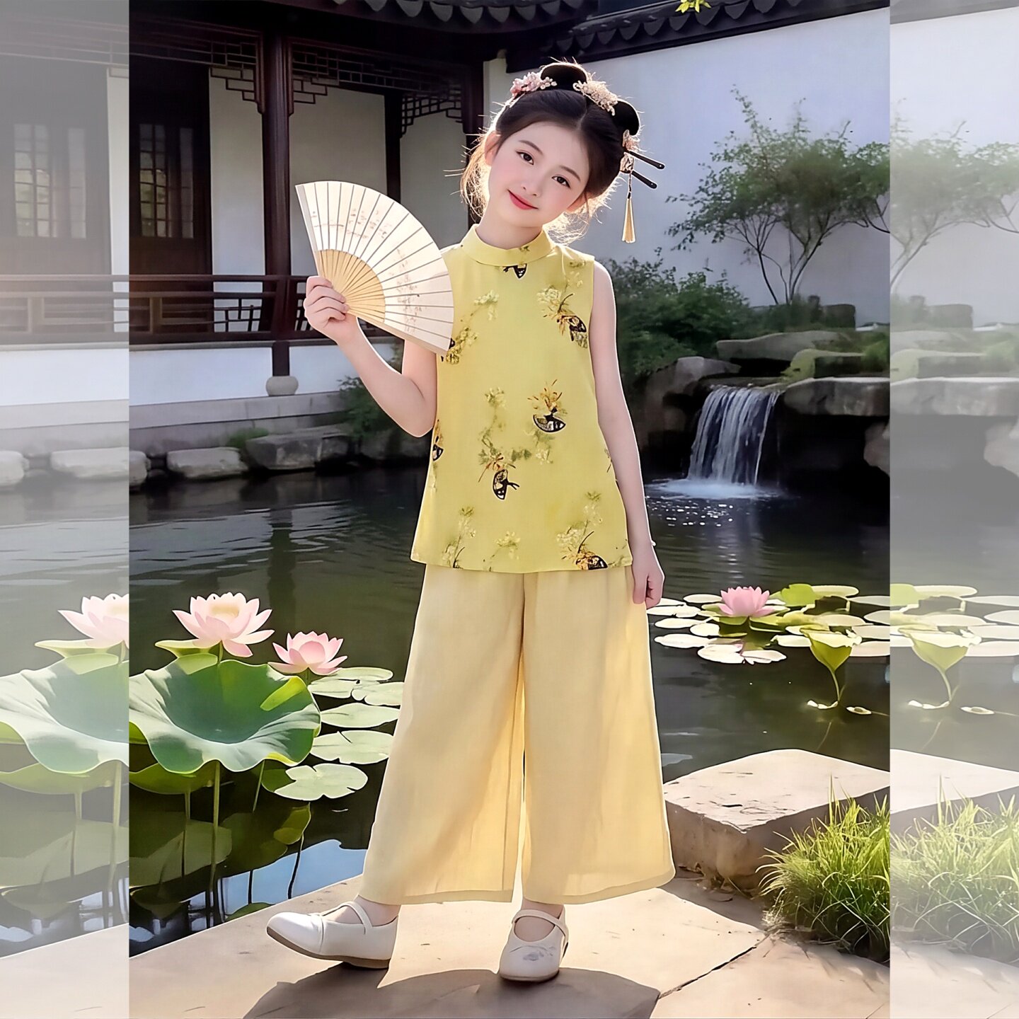 女童夏季国风套装2026新款洋气夏女孩无袖上衣新中式阔腿裤两件套