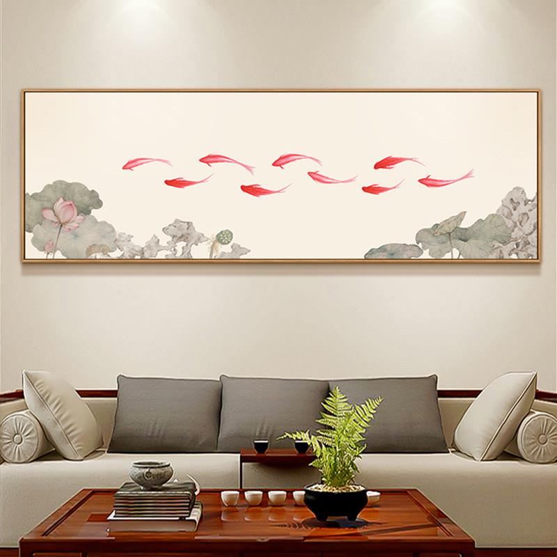 新中式客厅装饰画九鱼图挂画横版锦鲤九鱼聚财沙发背景墙画寓意好