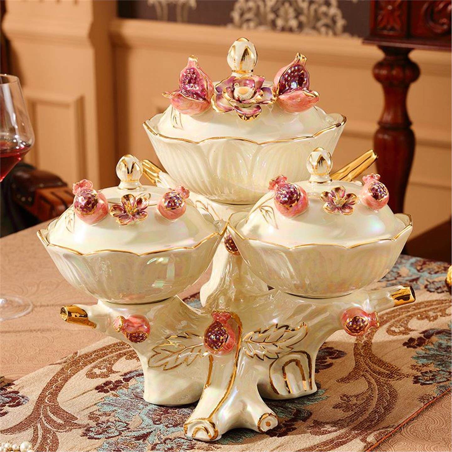 陶瓷客厅干高档盒果盘盘带盖果盘水果盘欧式糖果零食坚果豪华分格