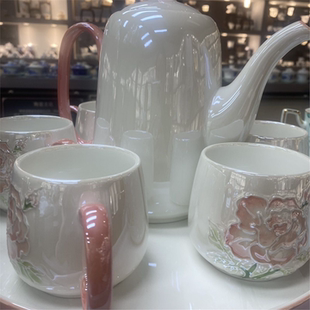 家用中式水具客厅茶杯水杯陶瓷手绘全套水壶套装浮雕水具景德镇