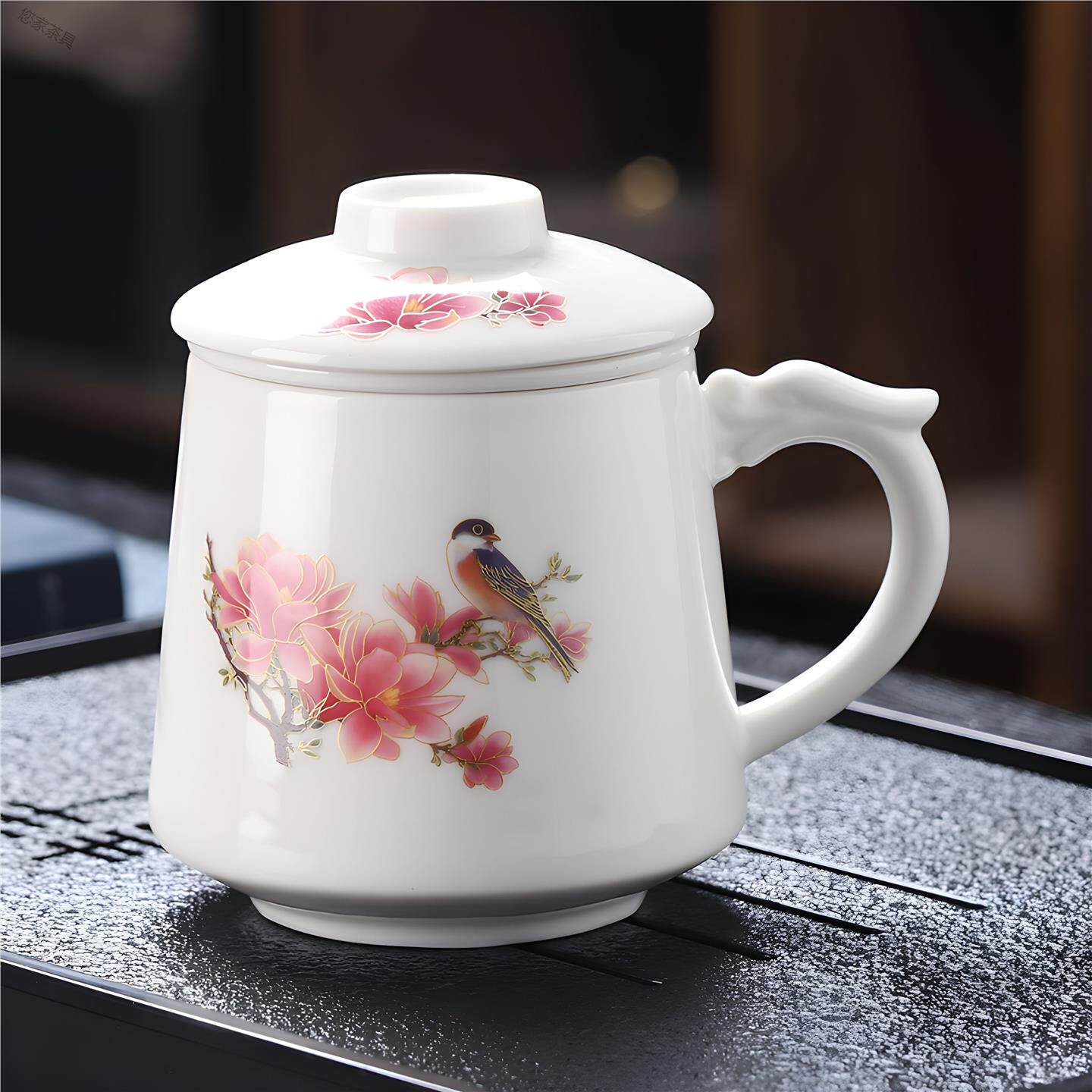 过滤陶瓷带喝茶水杯办公室带盖新防把手全瓷大容量会议高档烫茶杯