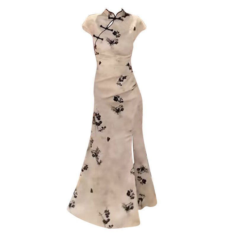 大码胖mm新中式国风收腰长裙子气质盘扣立领开叉旗袍连衣裙女夏季