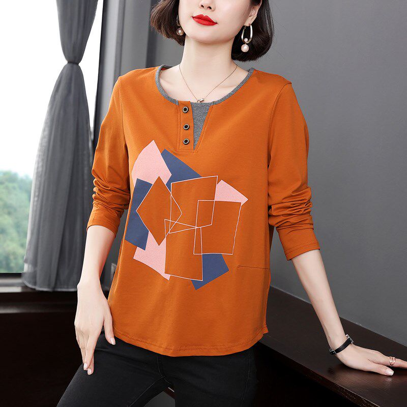 妈妈纯棉长袖T恤女春装新款中老年宽松大码上衣洋气打底衫外穿潮
