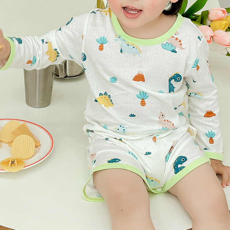 夏季儿童连体睡衣薄款竹纤维男女童长袖婴儿睡袍春秋防踢宝宝睡裙