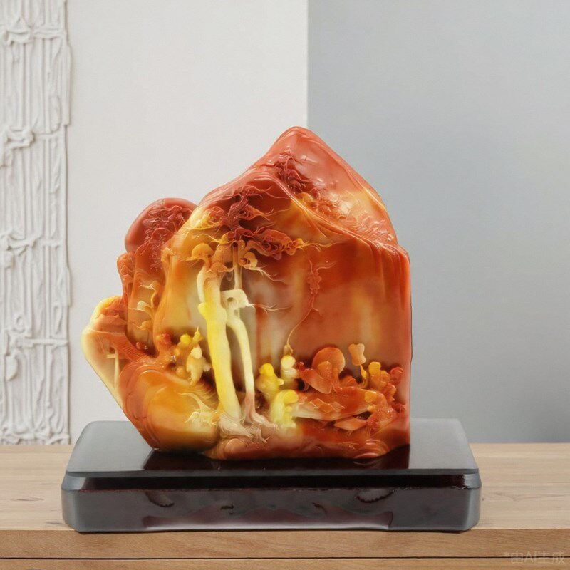 原石摆件仿寿山石山居即景图玉石山水石料家居客厅观赏石工艺品