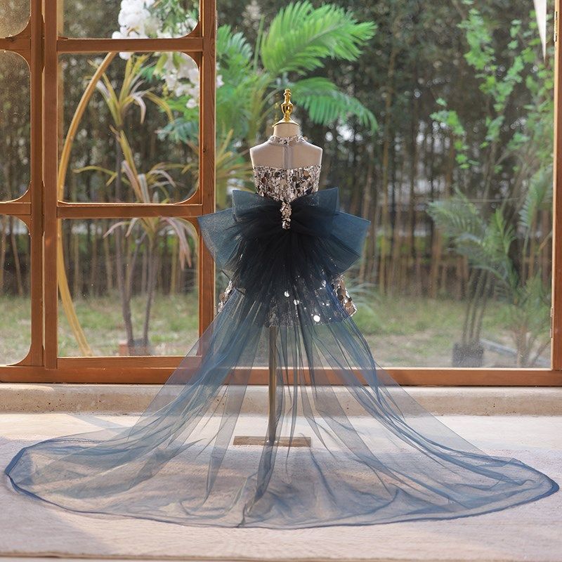 儿童礼服女童亮片轻奢小众高端主持人拖尾小女孩舞台表演钢琴比赛