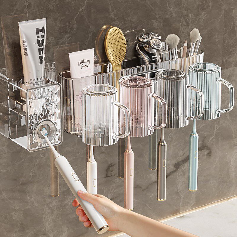 吸盘牙刷置物架架子电动刷牙杯子壁挂式免打孔漱口杯家庭一家四口