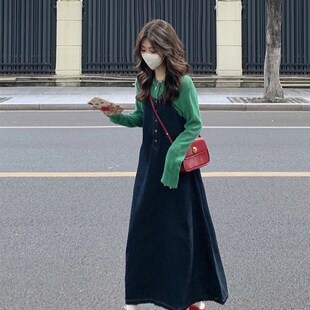 大码女装胖妹妹复古牛仔背带裙中长连衣裙百搭打底针织衫显瘦套装