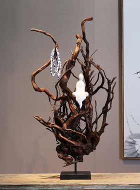 万千 新中式枯木风化根雕禅意玄关桌面摆件 家居客厅茶室手工装饰