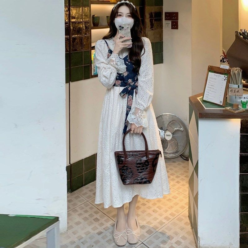 大码女装胖妹妹复古显瘦温柔气质绑带背心两件套蕾丝连衣裙套装春