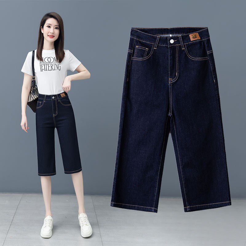 2024薄款夏季七分休闲牛仔短裤女新款高腰弹力宽松显瘦中裤直筒裤