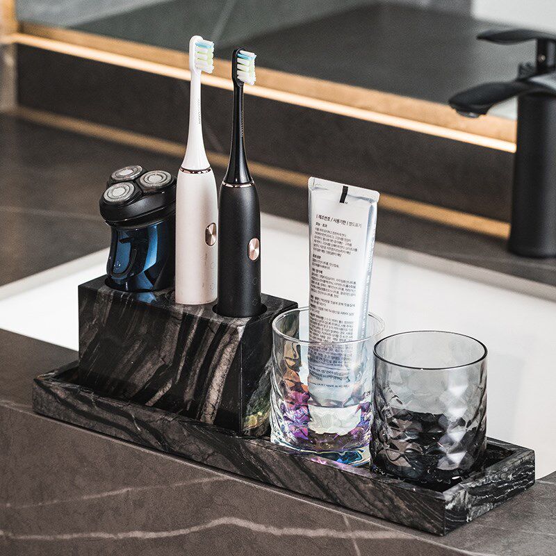 轻奢大理石双人牙刷置物架漱口杯套装洗漱台面情侣电动牙刷牙膏架