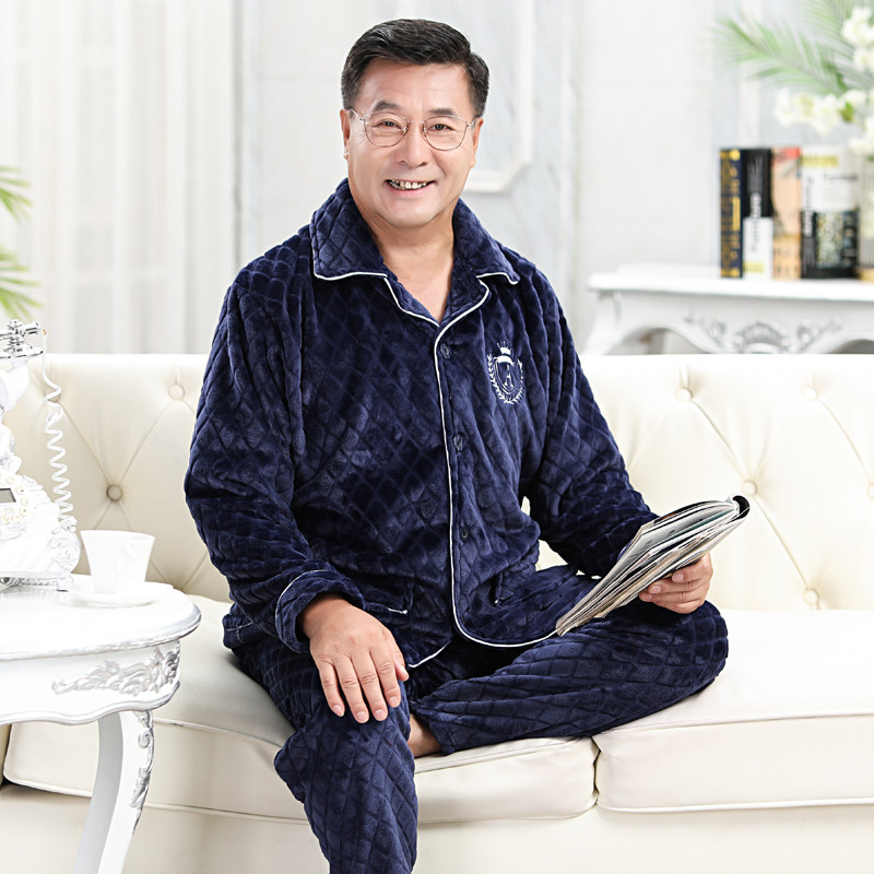 秋冬季加厚珊瑚法兰绒睡衣中年男士大码家居服中老年长袖老人套装