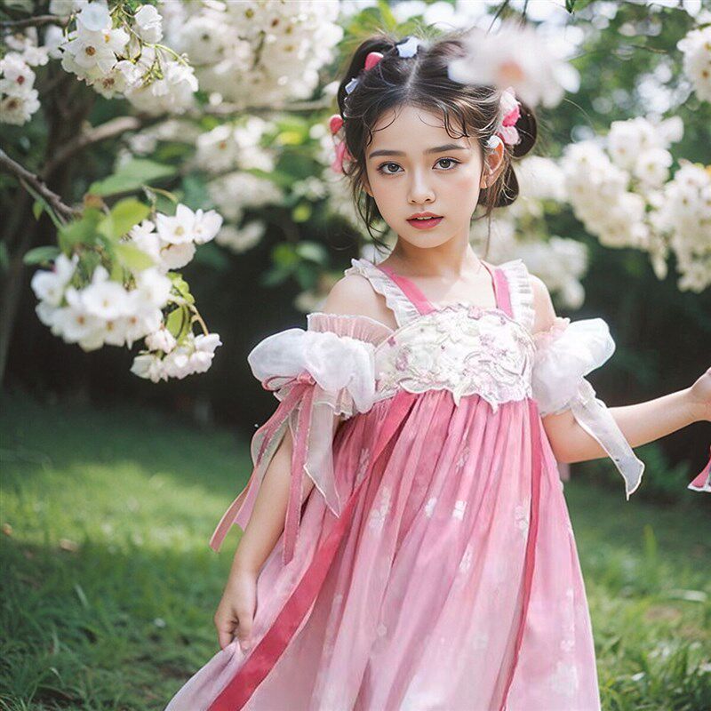 女童汉服夏天薄款小女孩儿童古装唐制国风可爱粉色吊带斗篷连衣裙