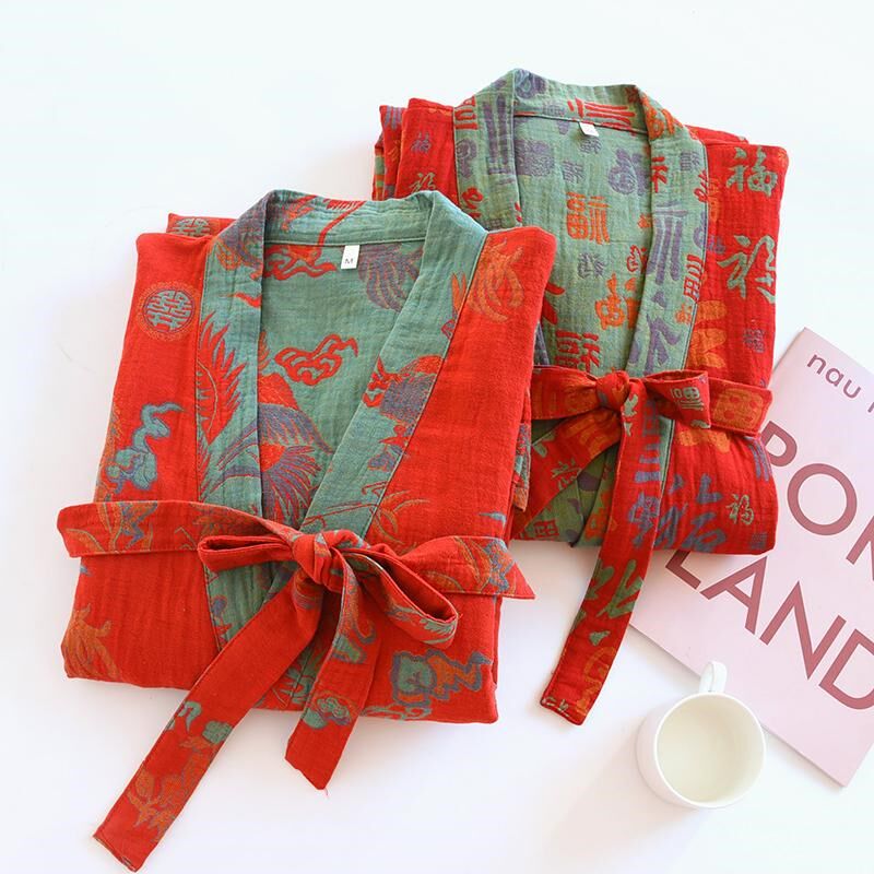 新款纯棉双层纱布睡袍女春秋国风提花浴袍汉服袍红色婚服汗蒸浴衣