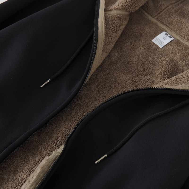 冬季防寒羊羔绒男卫衣外套重磅加绒加厚休闲连帽黑色上衣拉炼开衫