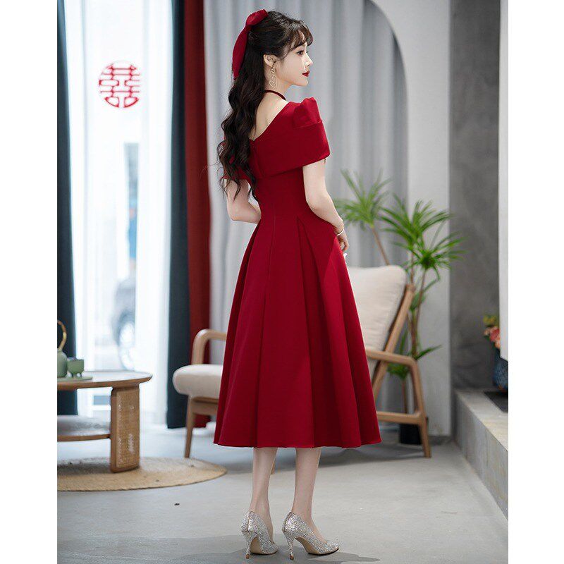 敬酒服订婚裙新娘酒红色小个子结婚法式高端晚礼服平时可穿女回门