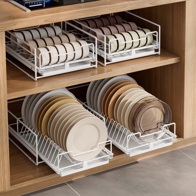 厨房拉篮免安装碗碟沥水架整体橱柜内置滑轨抽拉碗碟架抽屉碗盘收