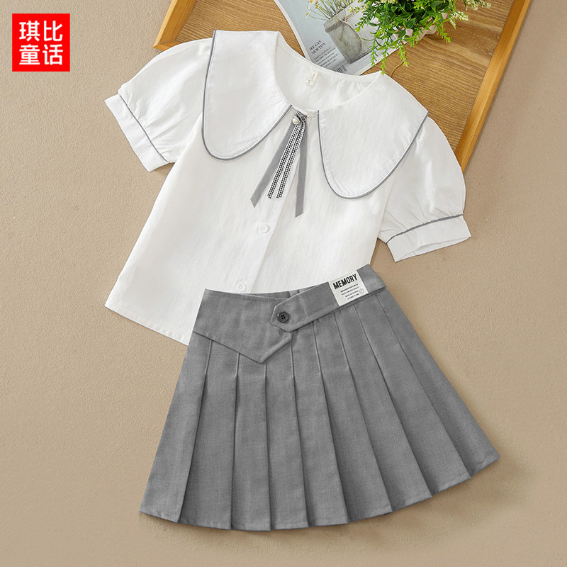 女童夏季学院风套装裙2024新款洋气女孩短袖白衬衫百褶裙套装夏装