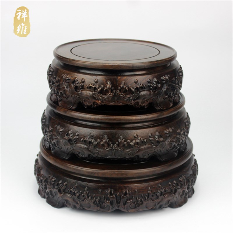 黑檀木圆形花盆花瓶鱼缸工艺品摆件实木底座奇石头可旋转木座底托