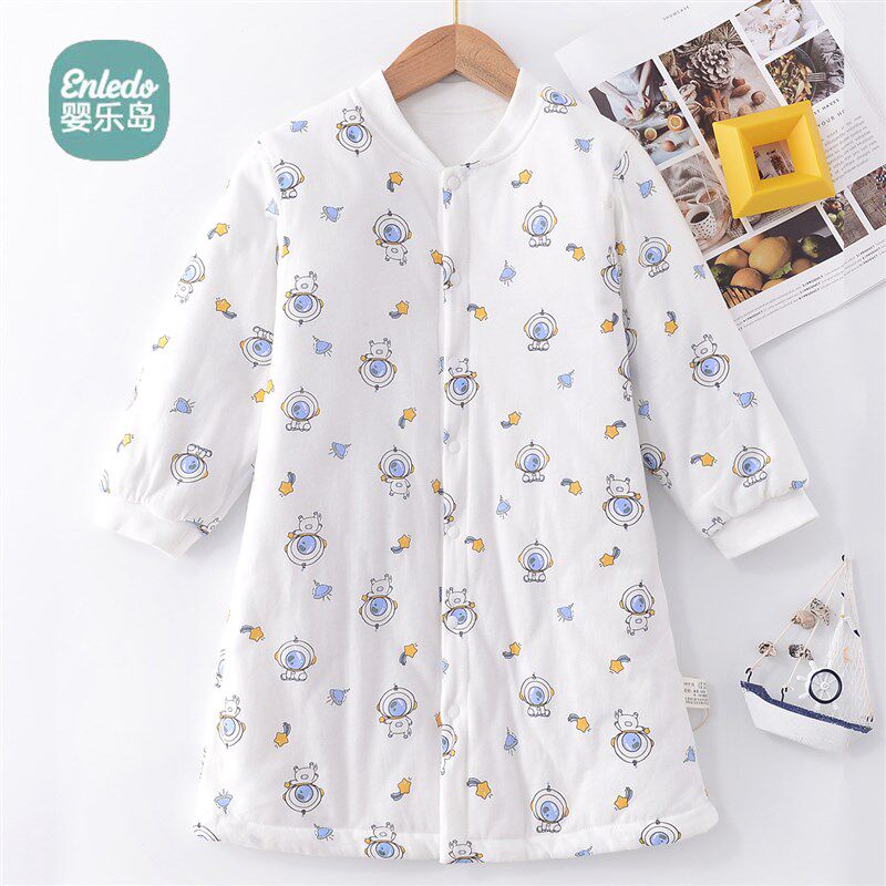 婴乐岛冬季宝宝保暖加棉开衫睡袍男童无骨缝家居长袍女童夹棉睡裙