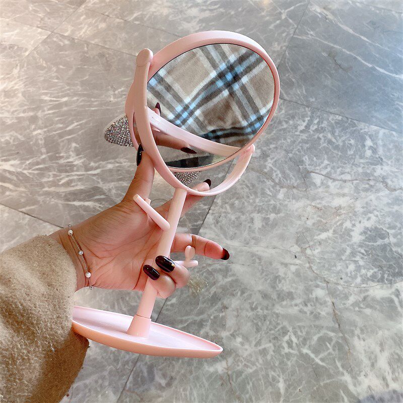 桌面化妆镜收纳一体可爱镶钻猫耳台式单面高清梳妆镜子可拆卸便携