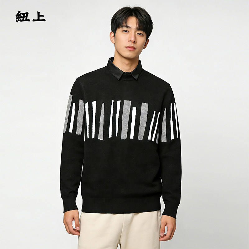 男士绵羊毛拼色圆领长袖针织衫