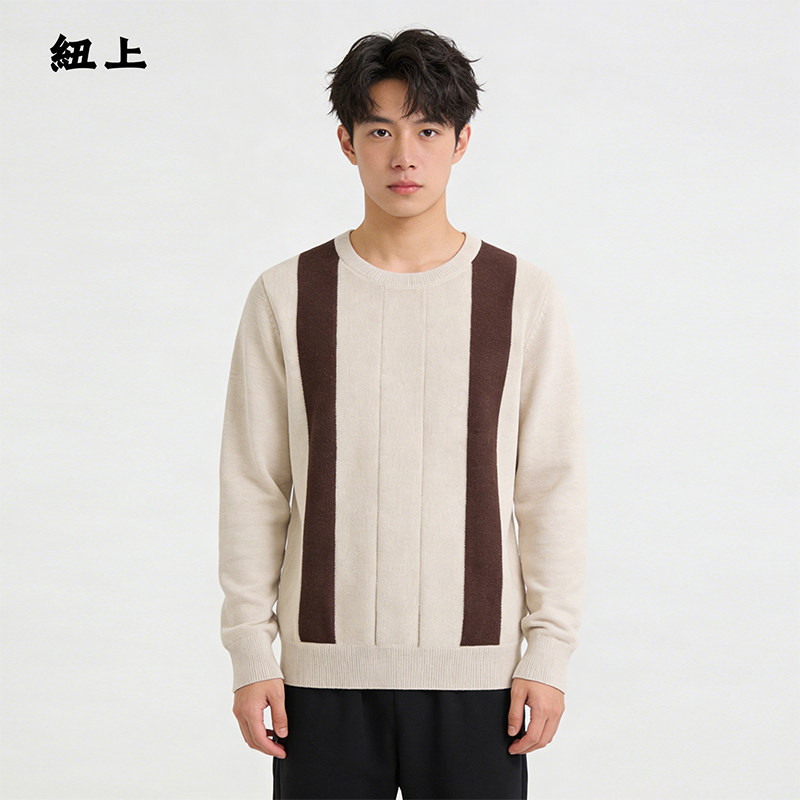 纽上春羊毛男圆领老钱风针织衫