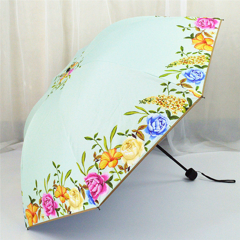 防紫外线黑胶遮阳伞女防晒伞三折叠蓝天白云双层太阳伞文艺晴雨伞