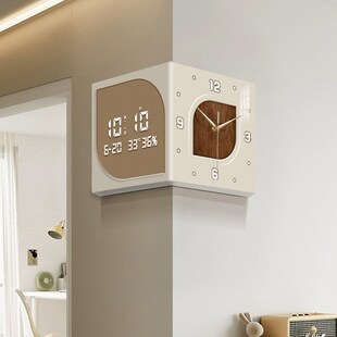 奶油风客厅转角挂钟2024新款万年历电子屏时钟壁挂式拐角双面钟表