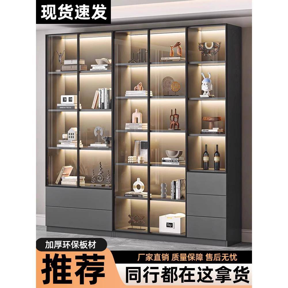 书柜带玻璃门一体整墙到顶定制书架轻奢客厅家用展示柜酒柜手办柜