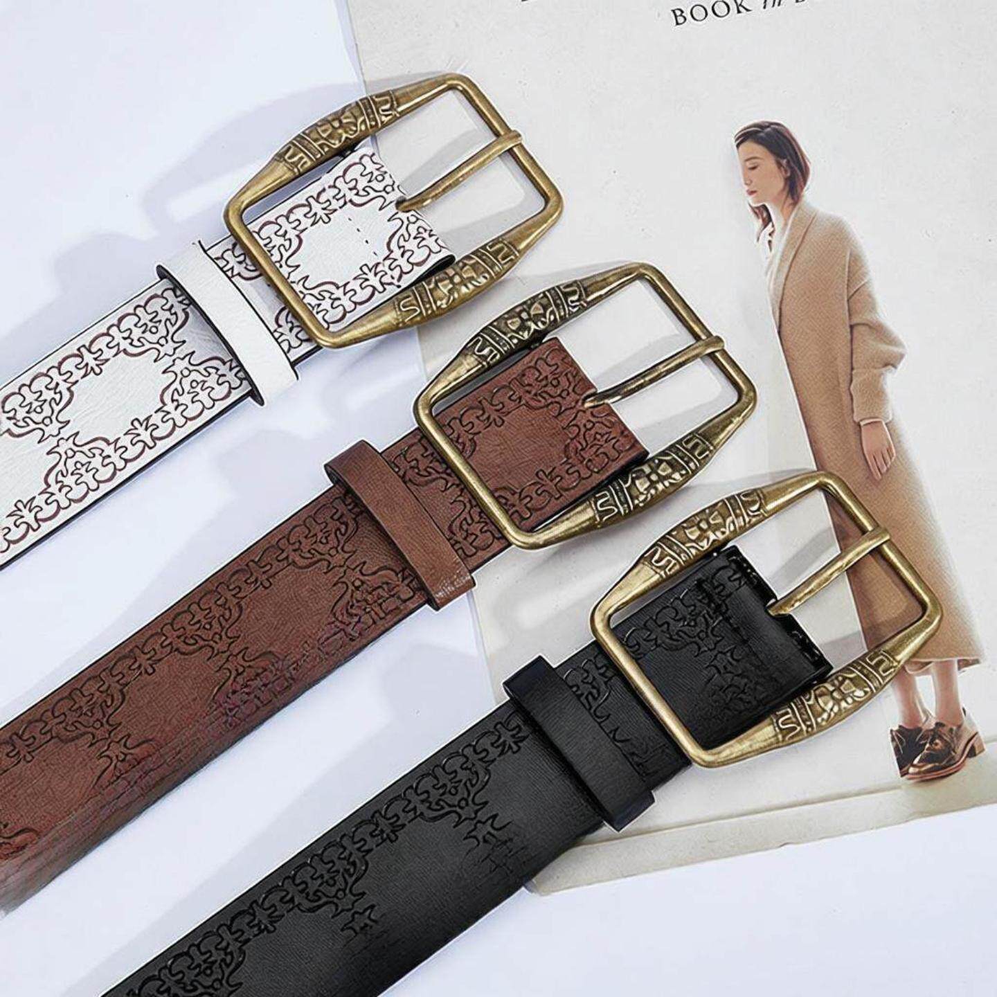 做旧古铜腰带女士皮带高级感复古压花小众设计感学生棕色