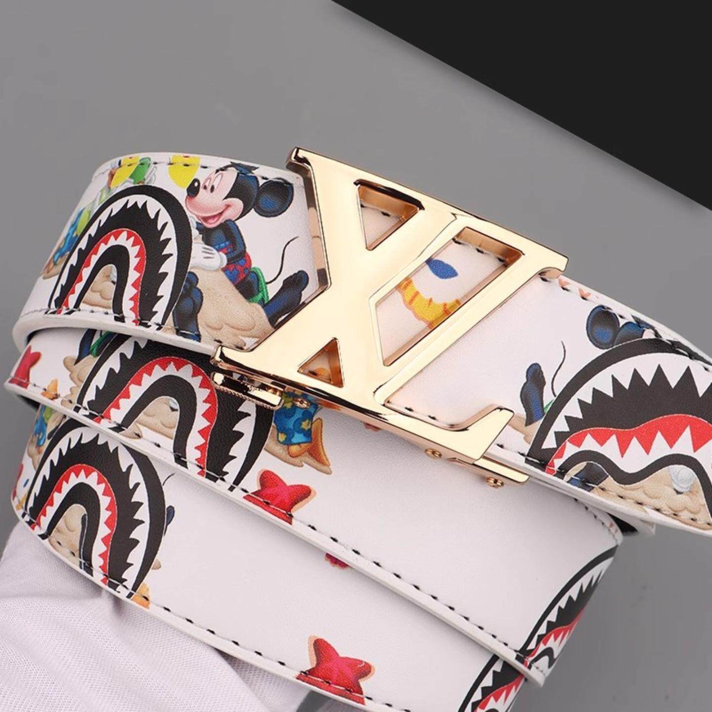 新款潮流男士皮带真皮百搭字母涂鸦自动扣学生腰带牛仔裤潮流网红