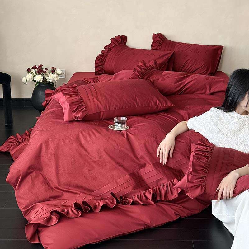 法式浪漫玫瑰长绒棉婚庆四件套100s全棉纯棉红色结婚被套床上用品