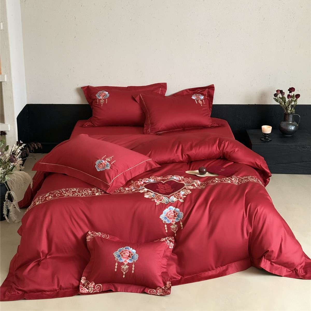现代风婚庆大红结婚刺绣寝具床品纯棉长绒棉四件套家纺浮光线梦2