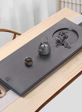 天然乌金石茶盘小号大号石头茶盘排水石材黑金石茶海简约家用茶台