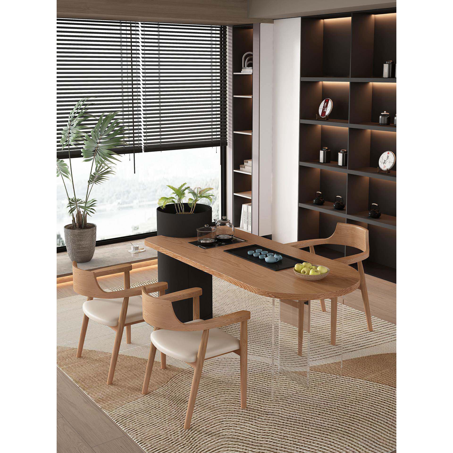 侘寂风阳台茶桌茶台椅组合家用整套实木小茶台烧水壶一体式泡茶桌